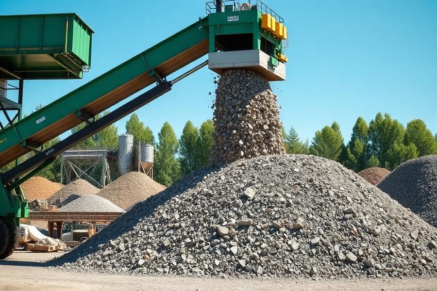 Conveyor depositing crushed aggregate at a recycling yard